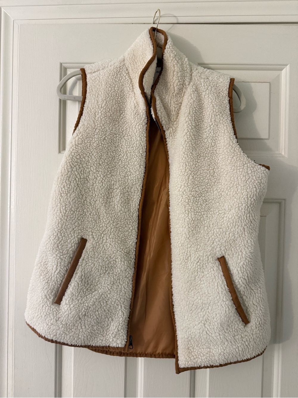Old Navy Cream Sherpa Vest with Tan Trim